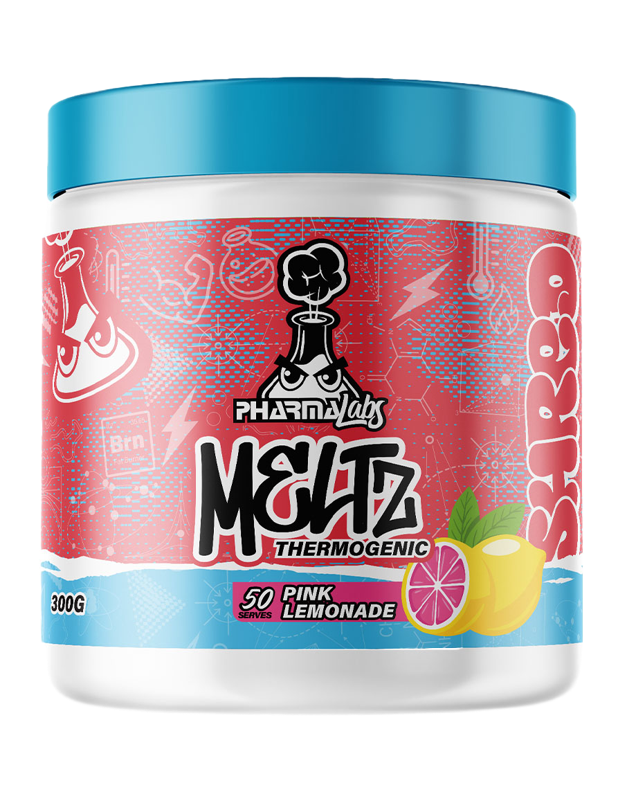 Pharma Labs Meltz thermogenic fat burner pink lemonade 300g supplement tub with blue lid and vibrant label design