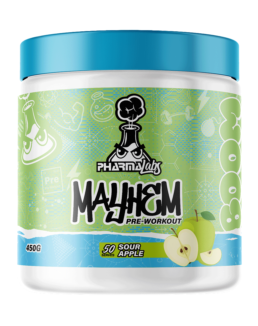 450g PharmaLabs Mayhem Sour Apple pre-workout supplement, white tub with teal lid and vibrant green apple label design