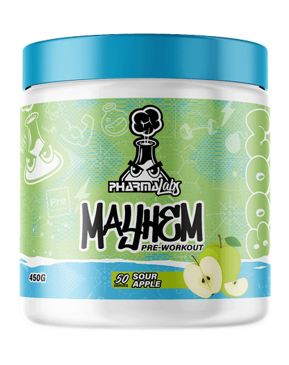 450g PharmaLabs Mayhem Sour Apple pre-workout supplement, white tub with teal lid and vibrant green apple label design