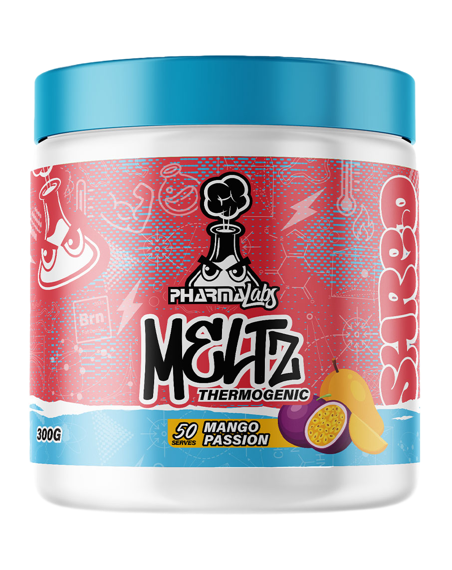 Pharma Labs Meltz thermogenic fat burner mango passion 300g supplement tub with blue lid and bold red label
