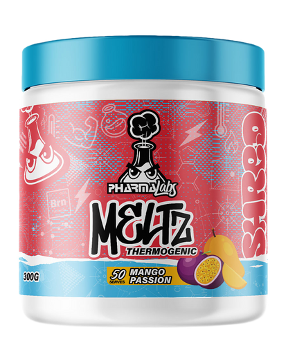 Pharma Labs Meltz thermogenic fat burner mango passion 300g supplement tub with blue lid and bold red label