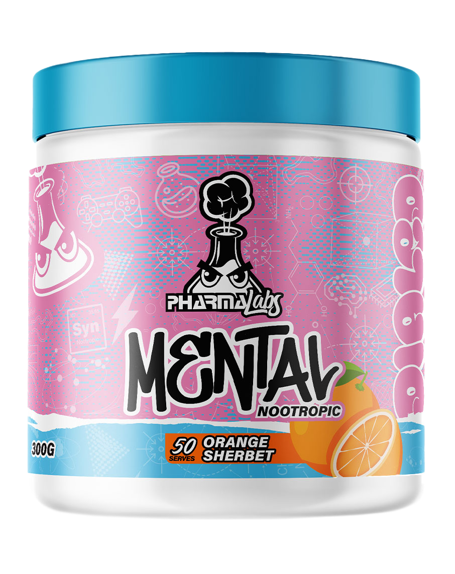 Pharma Labs Mental nootropic powder orange sherbet 300g white tub blue lid pink label 50 serves brain support