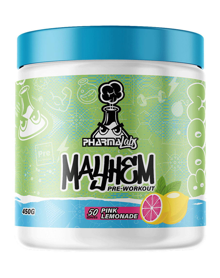 450g PharmaLabs Mayhem Pink Lemonade pre-workout supplement, white tub with blue cap and bright pink lemon label
