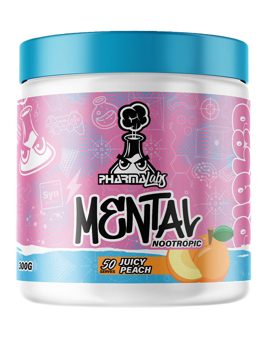 Pharma Labs Mental peach nootropic drink powder 300g white tub blue top pink label design 50 serve supplement