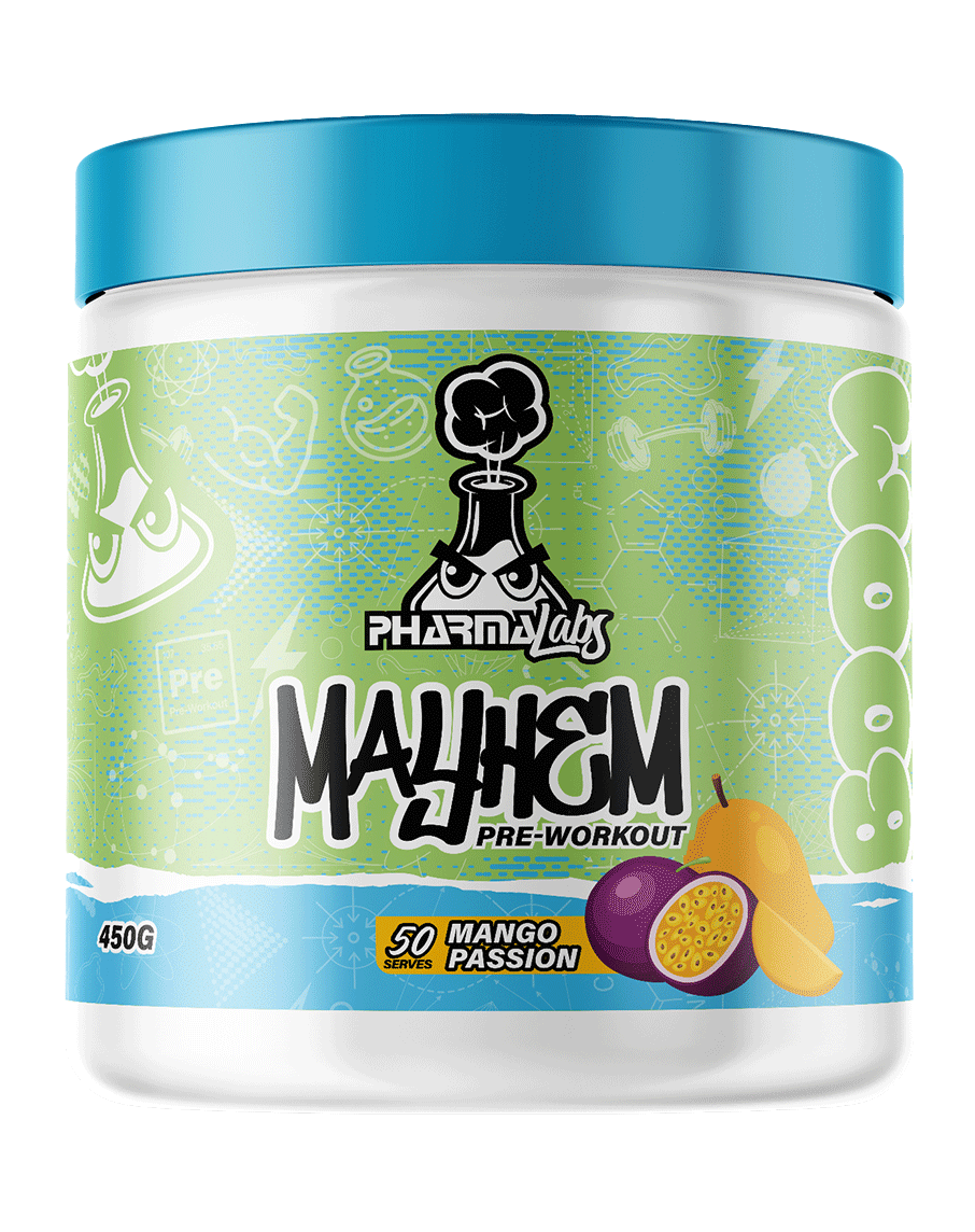 450g PharmaLabs Mayhem Mango Passion pre-workout supplement, white tub with blue cap and mango passionfruit label
