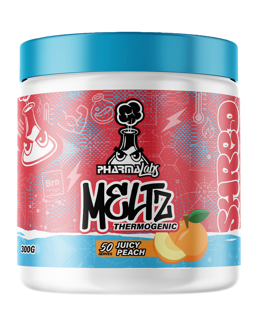 Pharma Labs Meltz thermogenic fat burner juicy peach 300g supplement tub with blue lid and colourful label design