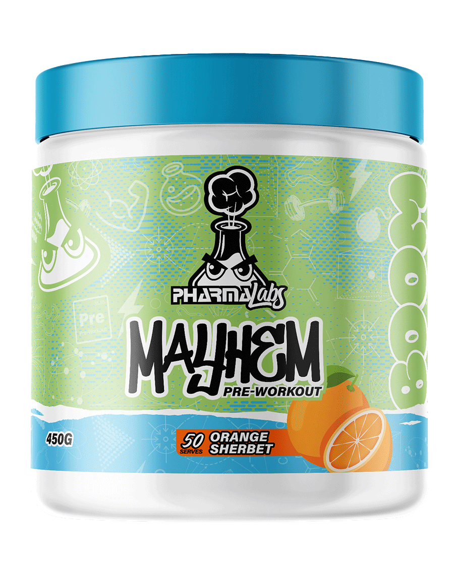 450g PharmaLabs Mayhem Orange Sherbet pre-workout supplement, white tub with blue cap and bright orange flavour label