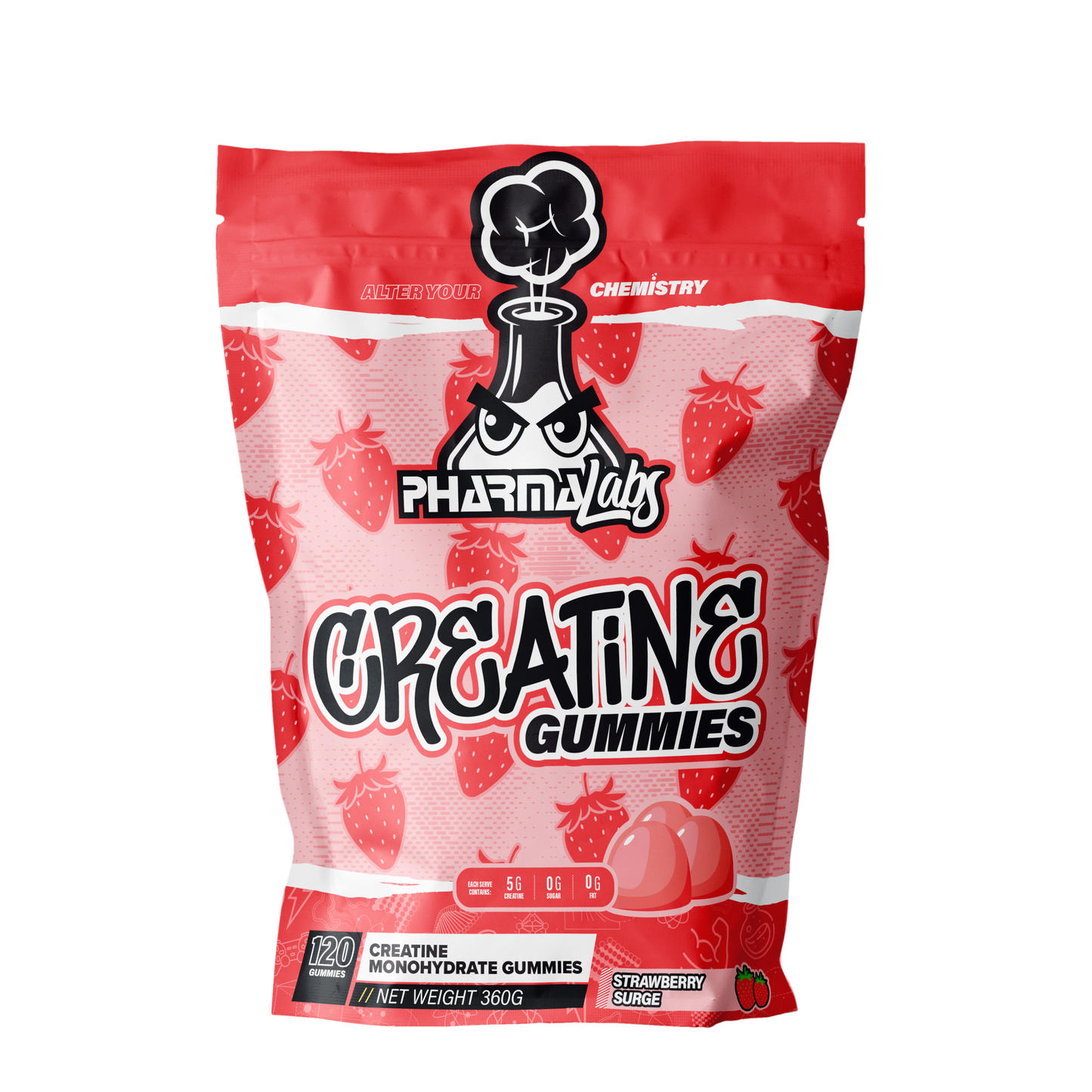 Pharma Labs Creatine Gummies Strawberry Surge 360g pouch with 120 gummies, creatine monohydrate