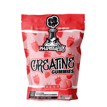 Pharma Labs Creatine Gummies Strawberry Surge 360g pouch with 120 gummies, creatine monohydrate