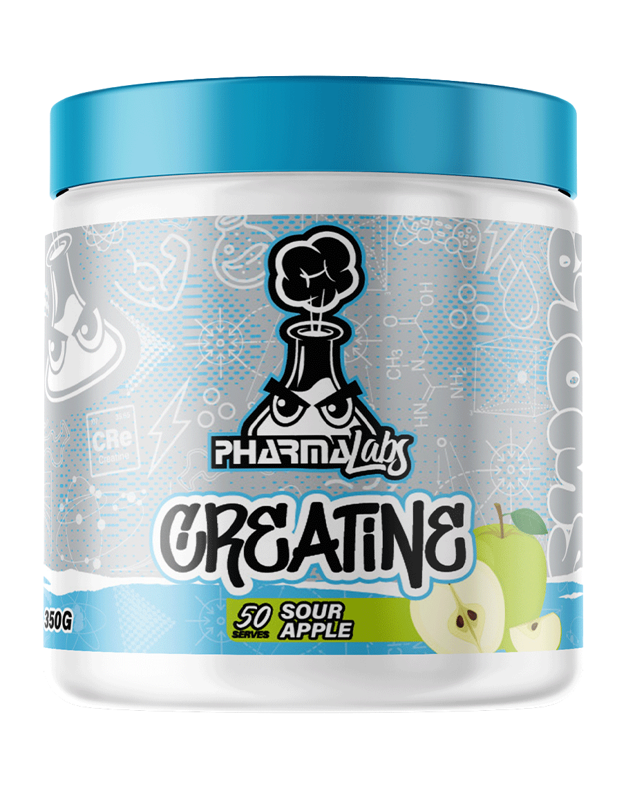 Sour apple creatine by PharmaLabs, 350g container featuring green apples and bold graffiti-style branding