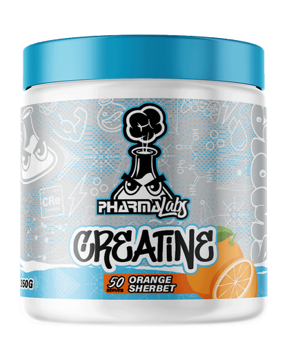 PharmaLabs creatine powder in orange sherbet flavour, 350g white tub with blue lid and citrus graphics