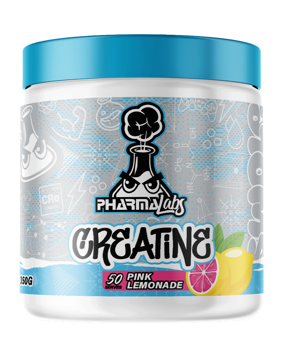 Pink lemonade creatine powder by PharmaLabs, silver label with lemon graphics, 350g container with blue lid